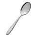 A stainless steel demitasse spoon with a textured handle.