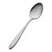 A stainless steel soup or dessert spoon with a textured handle.