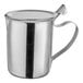 A stainless steel creamer with a closed handle and a lid.