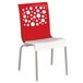 A red and white Grosfillex Tempo stacking chair with white circles on the back.