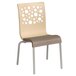 A Grosfillex outdoor restaurant chair with a beige and taupe design on the back and seat.