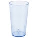 A clear plastic cup with a blue lid.