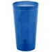 A stack of blue Carlisle plastic tumblers.