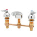 A close-up of a T&S brass deck mount faucet with chrome and brass lever handles.