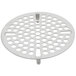 A white round metal T&S waste drain valve with lever handle and holes.