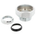 A stainless steel T&S waste drain valve with a lever handle and metal nut.