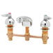 A close-up of a T&S brass deck mount lavatory faucet with lever handles.