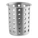 A silver stainless steel flatware cylinder with holes.