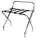 A CSL chrome metal folding luggage rack with black straps.