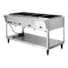 A stainless steel electric five pan hot food table with a lower shelf and power cord.