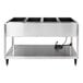 A stainless steel electric five pan hot food table with a lower shelf and power cord.