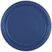 A close-up of a blue paper plate with a white background.