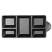 A black rectangular Elite Global Solutions melamine tray with five compartments.