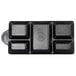 A close up of a black rectangular Elite Global Solutions tray with four compartments.