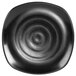 A black Elite Global Solutions square melamine plate with a spiral pattern.