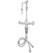 A chrome T&S deck mounted laboratory faucet with flex inlets and 4-arm handles.