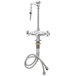 A close-up of a silver T&S laboratory faucet with flex inlets and white handles.