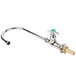 A T&S chrome laboratory faucet with a silver gooseneck and green handle.