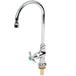 A silver T&S laboratory faucet with a green knob.