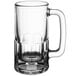 An Anchor Hocking clear glass beer mug with a handle.