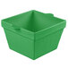 A green Tablecraft square cast aluminum bowl with a handle.