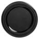 A close-up of a black Carlisle melamine round platter with a wide rim.