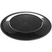 A black melamine round platter with a wide silver rim.