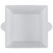 A white square Tablecraft cast aluminum bowl with handles.