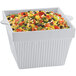 A Tablecraft gray cast aluminum square bowl filled with corn salad and vegetables.