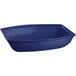 A blue rectangular cast aluminum bowl with a white speckled interior.