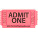 A close-up of a pink Carnival King "Admit One" ticket with black text.