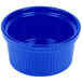 A cobalt blue Tablecraft cast aluminum souffle bowl with ridges.