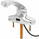 A T&S chrome hands-free sensor faucet with an orange control module.