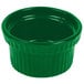 A green Tablecraft cast aluminum souffle bowl with ridges.