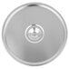 A close-up of a Vollrath stainless steel pot/pan cover with a circular hole.