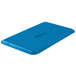 A blue rectangular fiberglass tray with black text on a table.