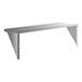 A heavy duty stainless steel wall shelf with triangular support brackets.