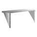 A heavy duty stainless steel wall shelf with triangular support brackets.