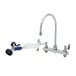 A T&S deck mount pet grooming faucet with a gooseneck and angled spray valve, with a hose attached.
