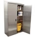 A stainless steel Advance Tabco mop sink cabinet with a metal bucket and cleaning supplies.