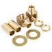 A close-up of brass threaded pipe fittings and nuts.