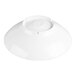 A white, round melamine vegetable bowl shown upside down.
