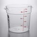 A clear plastic Cambro food storage container with red measurements.