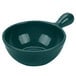 A Tablecraft hunter green cast aluminum soup bowl with a handle.