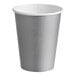 A grey paper cup with a white rim.