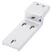 A silver chrome Avantco middle hinge bracket with two holes.