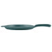 A Tablecraft hunter green cast aluminum pizza tray with a handle.