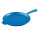 A Sky Blue Tablecraft cast aluminum pizza tray with a handle.