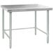 An Eagle Group stainless steel work table with an open base and metal legs.