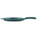 A Tablecraft hunter green cast aluminum pizza tray with a handle.